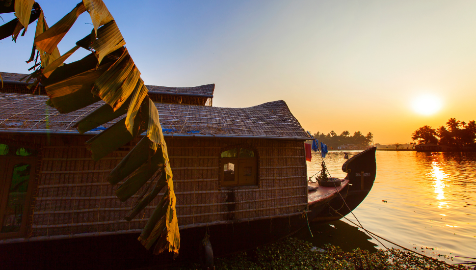 Kerala houseboat moored at sunset