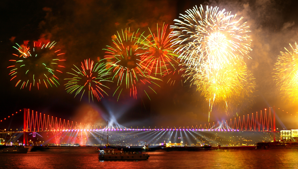 Fireworks over the Bosporus Bridge, Istanbul, Turkey