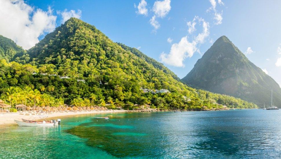 Sugar beach, Saint Lucia, with Gros Piton mountain in the background