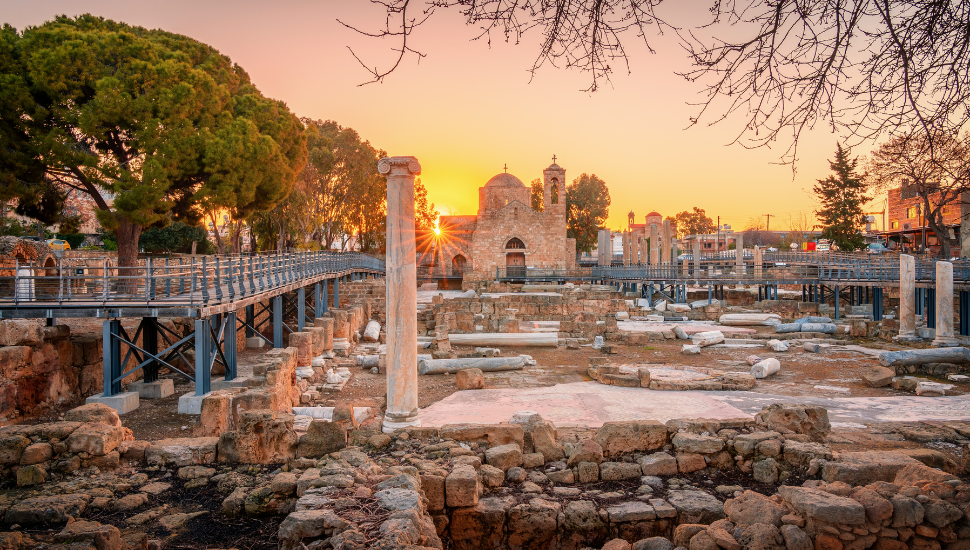 St Pauls Column and Agia Kyriaki Chrysopolitissa in Paphos on a sunrise, Cyprus