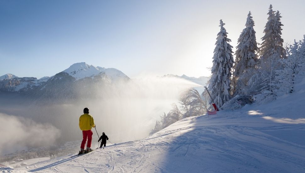 Friends skiing off-piste