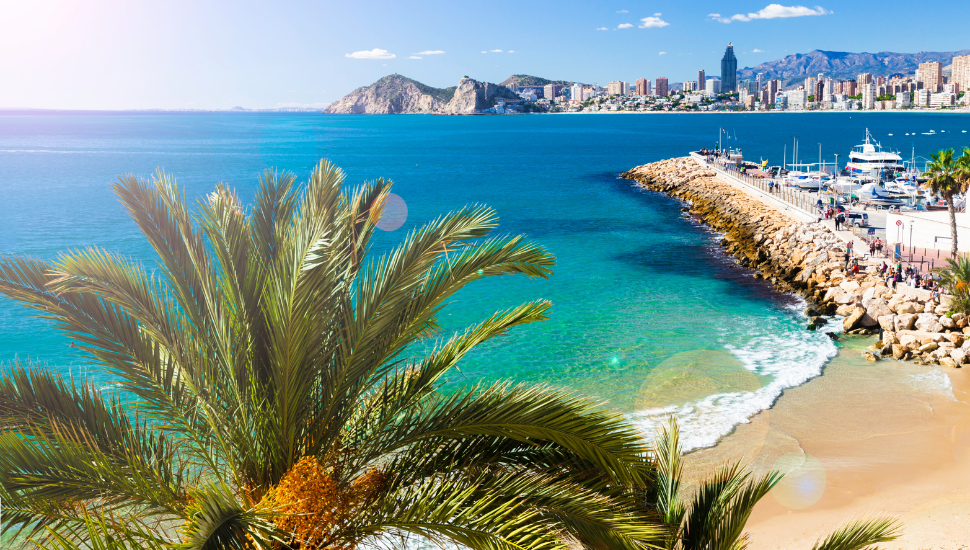 Poniente beach with palm trees, the port, skyscrapers and mountains, Benidorm Spain
