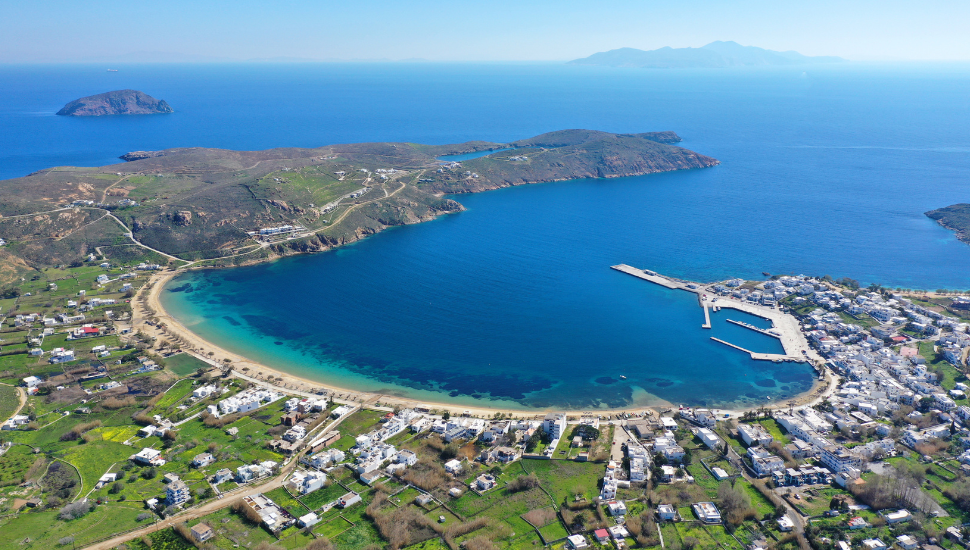 Livadi beach and main port of Serifos island, Greece